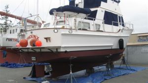 Phoenix in boat yard after new bottom paint