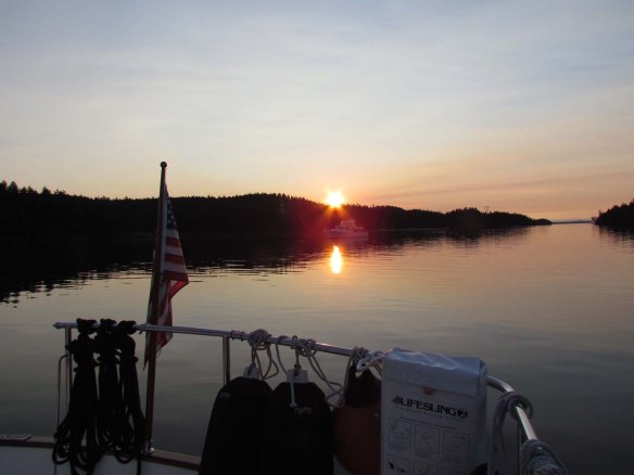 montague sunset behind island