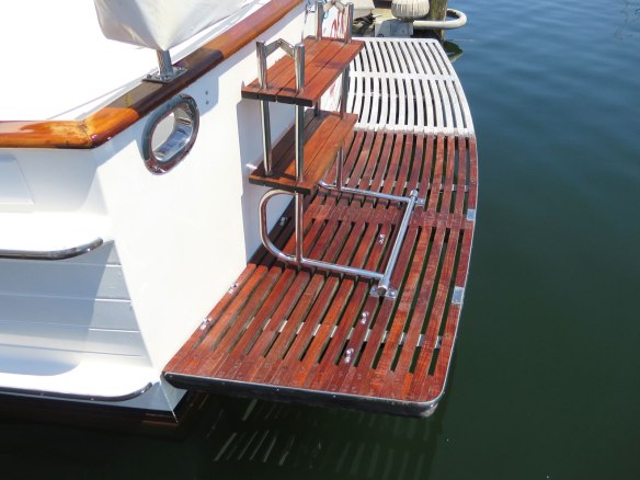 teak swim step half cleaned